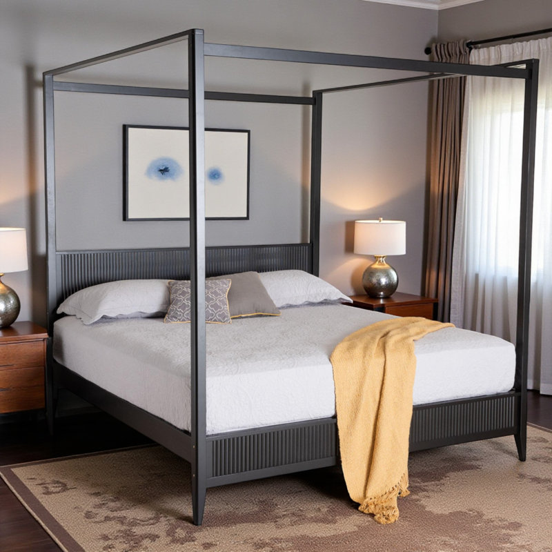 Lynnwood King Size Canopy Bed in Black Fluted Wood, 83.34'' H X 77.81'' W X 83.75'' L, Black