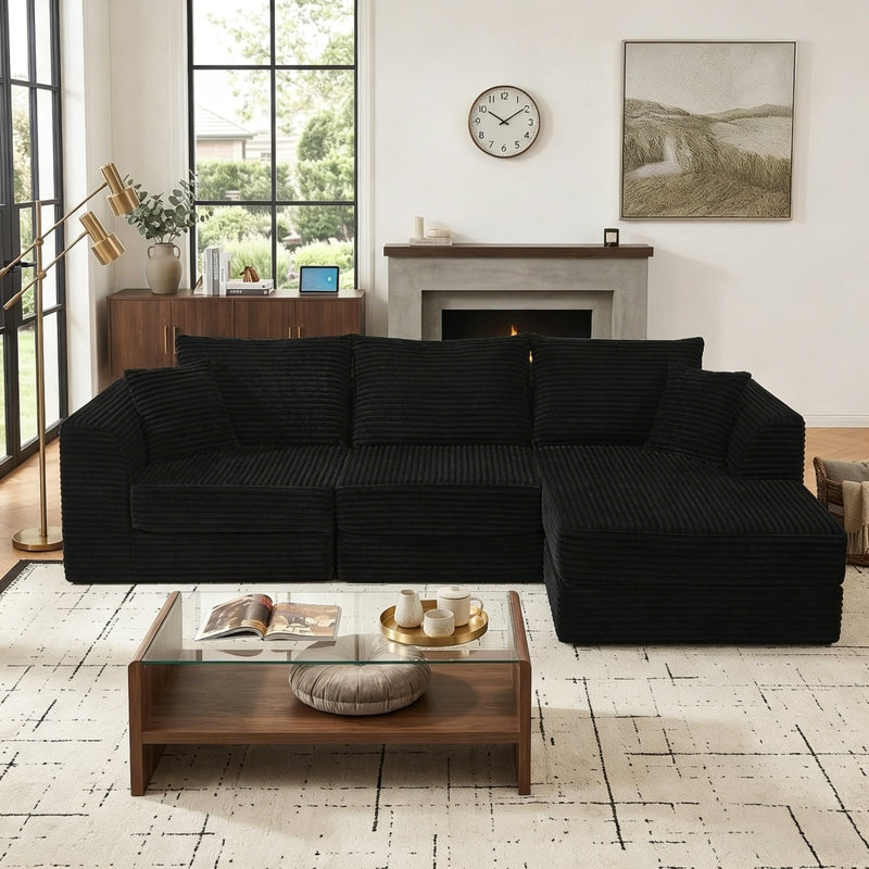 Canapé modulaire en velours côtelé de 102 po de largeur avec repose-pieds réversible, canapé 3 places en L moderne pour salon, siège profond confortable, sans assemblage