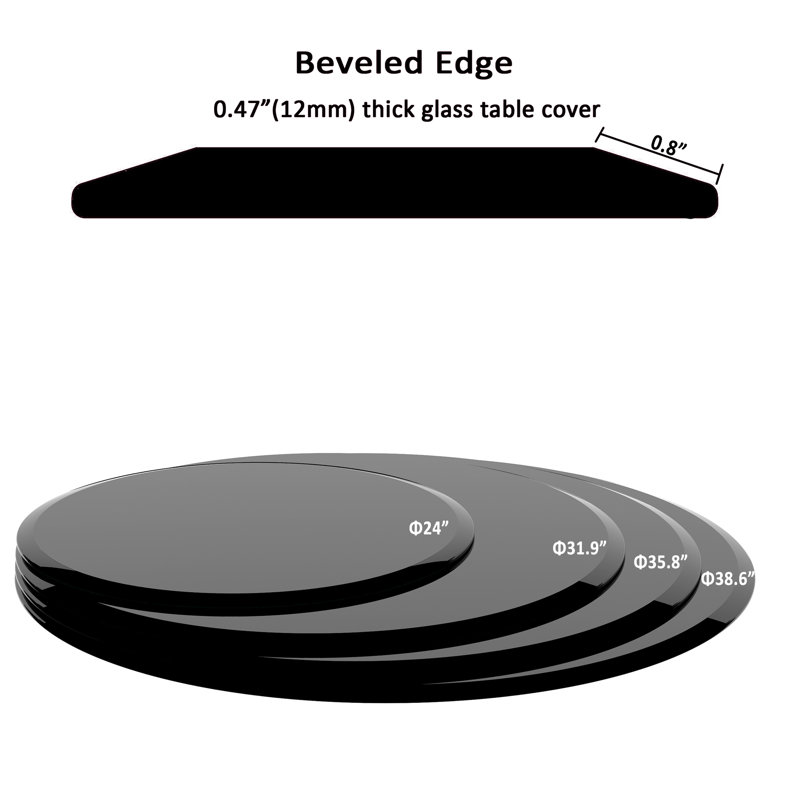 Plateau de table rond rond en verre trempé noir de 24 pouces, rebord épais de 1/2 pouce, résistant à la chaleur et aux chocs, lisse pour le nettoyage, plateau de table de réunion de travail avec hall d'entrée familial adapté à l'usure biseautée