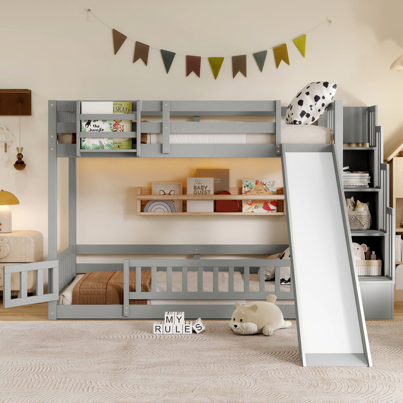 Lit superposé Montessori pour deux personnes avec glissade, escalier de rangement, éclairage DEL et tablette de chevet amovible, gris