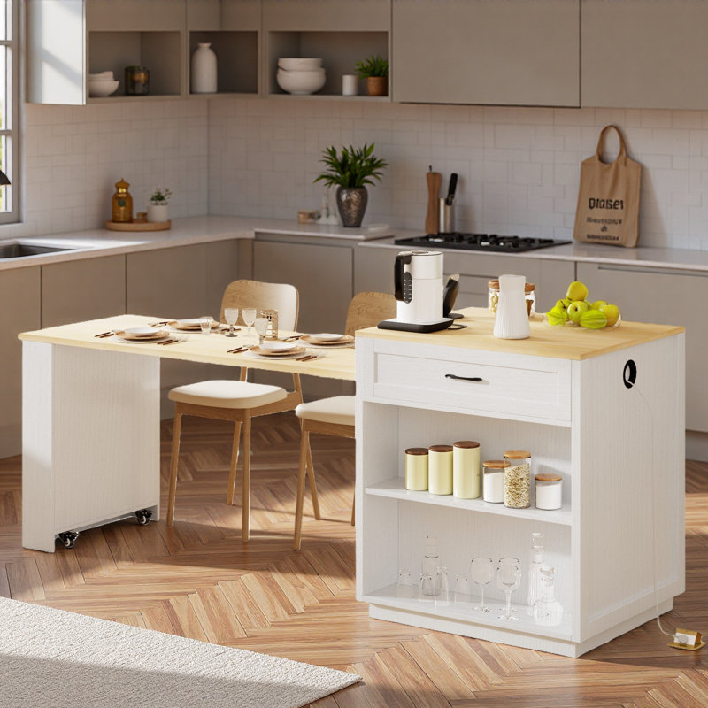 Kitchen Island With Extendable Dining Table, Power Outlet, 2 Drawers, 2 Side Open Shelves And Double-sized Storage Design