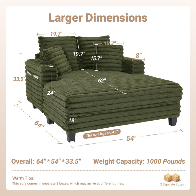 Chaise Lounge Chair Indoor, Amsleekey 64" Oversized Sleeper Chair With Wood Frame, Upholstered Sofa Bed For Living Room, Movie Room, Bedroom With 4 Storage Pockets& 2 Cup Holders(Plush Corduroy, Green)