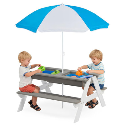  Kids Wooden Picnic Table with Umbrella, 3-in-1 Outdoor Sand and Water Table, Gray