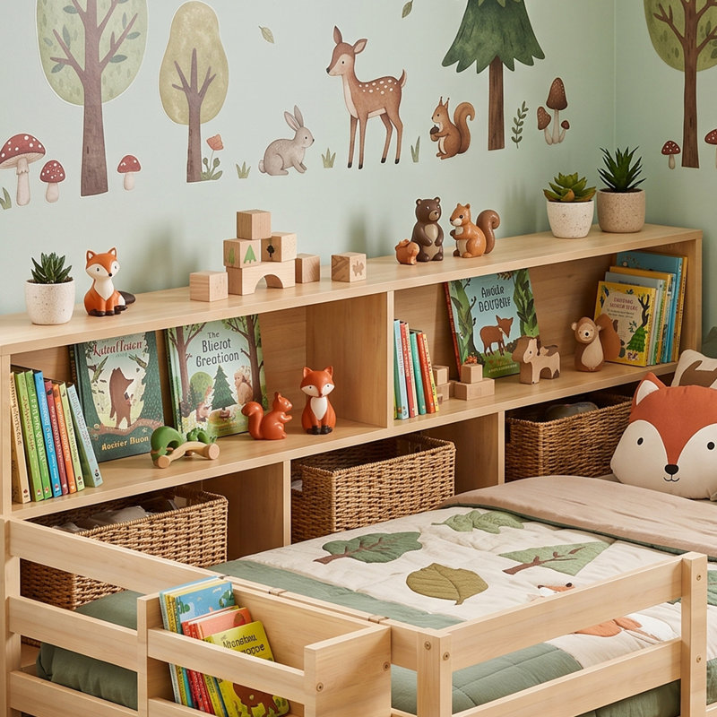 Lit sur pied avec bibliothèque Montessori, lit pour enfant avec garde-corps, lit bas pour la mère et l'enfant avec rangement, naturel