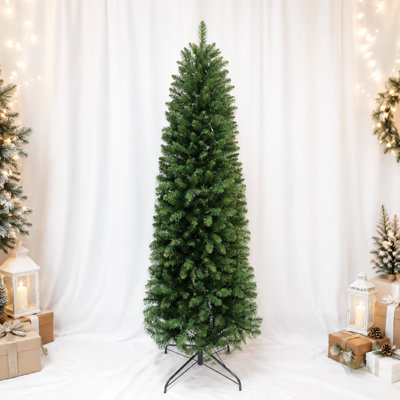 Pre-Lit Pencil Christmas Tree, 4.5-9ft Prelit Noble Fir Slim Artificial Tree with [100/150/200/250/300/450] Warm White LED Lights, [350/455/655/755/855/1,255] PVC Branch Tips, Perfect for Small Spaces & Corner Decor, Foldable Metal Stand