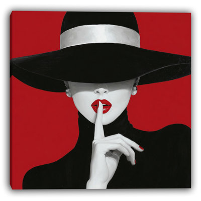 Silence in Red II - Chic Woman with Black Hat Canvas Art