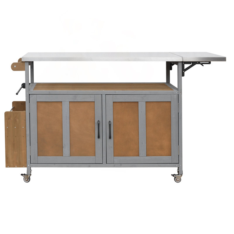 Foldable Outdoor Kitchen Island with Lockable Wheels, Storage Cabinet & Towel Rack (Espresso+Grey), Espresso,Grey