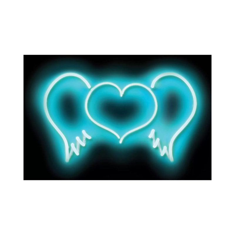 Neon Heart Wings Aqua On Black by Hailey Carr - Wrapped Canvas Print, 20.32 cm H x 30.48 cm W, Black/Aqua