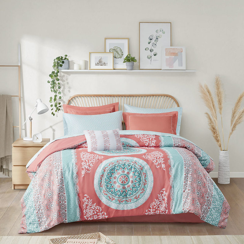 Literie pour lit simple TG avec édredon Coral Medallion - taies décoratives douces et brodées, impression de draps plats, microfibre, bordure,