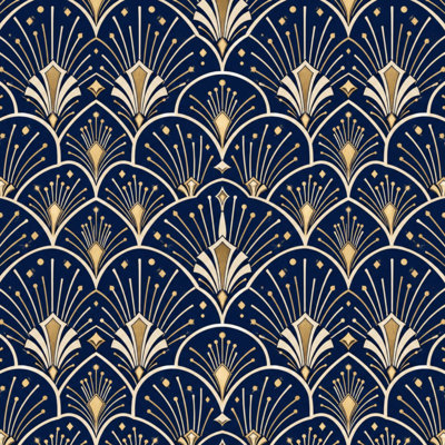 Peel and Stick Wallpaper Elegant Gold Fan Cloud Details Navy Blue Contact Paper Removable Self Adhesive Wall Mural Wall Decor for Bedroom Kitchen Cabinets 17.7in x 118in
