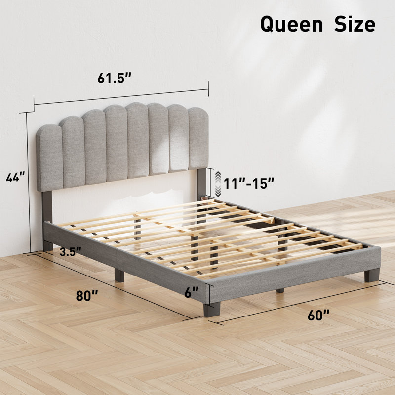 Dhugan Low Profile Linen Platform Bed Frame with Adjustable Headboard, Queen
