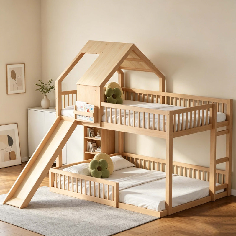 Full XL Over Queen Floor House Bunk Bed with Slide & Built-In Ladder, Natural Solid Wood Kids Bed Frame with Full Guardrails, 400/600lbs Capacity