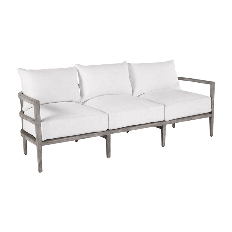 Santa Barbara 87" Wide Outdoor Teak Patio Sofa with Cushions, No Welt, Herringbone Sand, Natural Teak