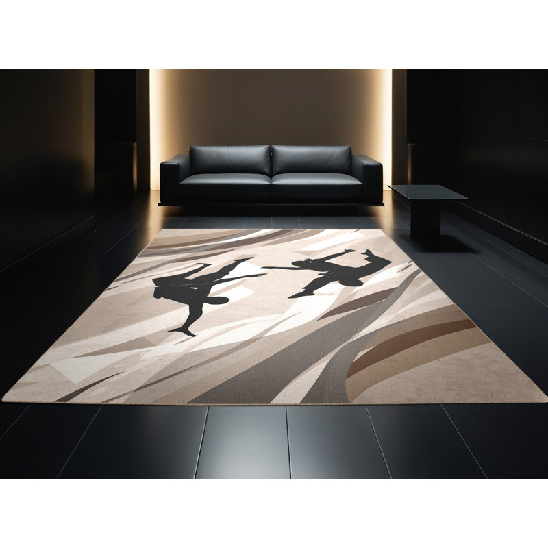 Tapis beige moelleux moelleux et moelleux de style moderne dansant Fight Dance Elloe Capoeira, 8 x 12