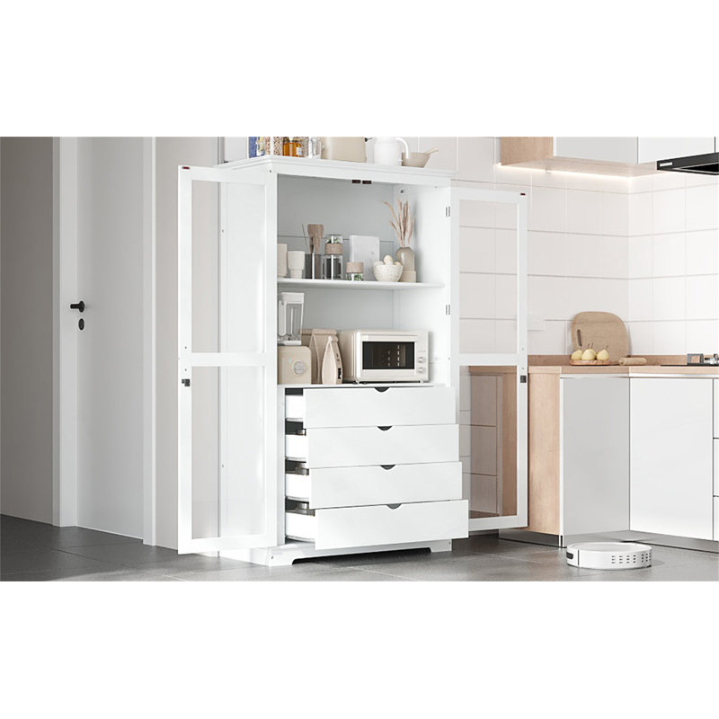 Très grand garde-manger autoportant avec portes en verre et quatre tiroirs intégrés, Blanc
