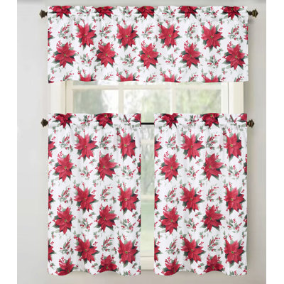 Jadzia Christmas Holiday Poinsettia 52'' W Kitchen Curtain in White/Red
