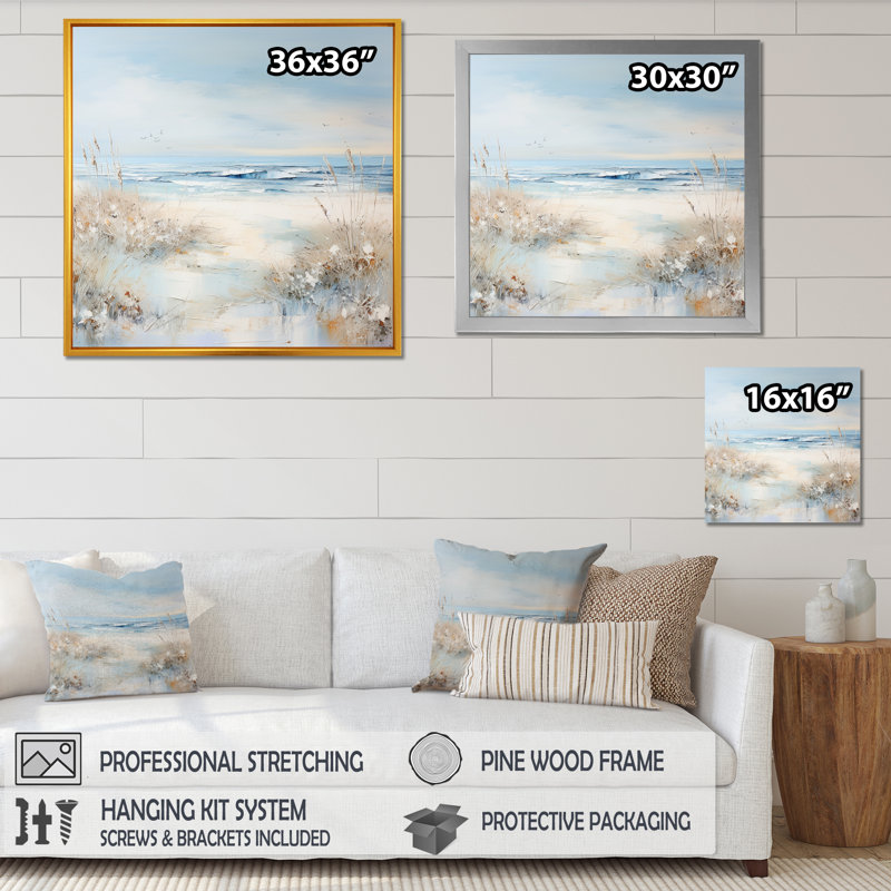 «Coastal Ocean Charm in Winter» - art mural océan côtier, H 16 po x l 16 po x P 1 po, Cadre flottant noir
