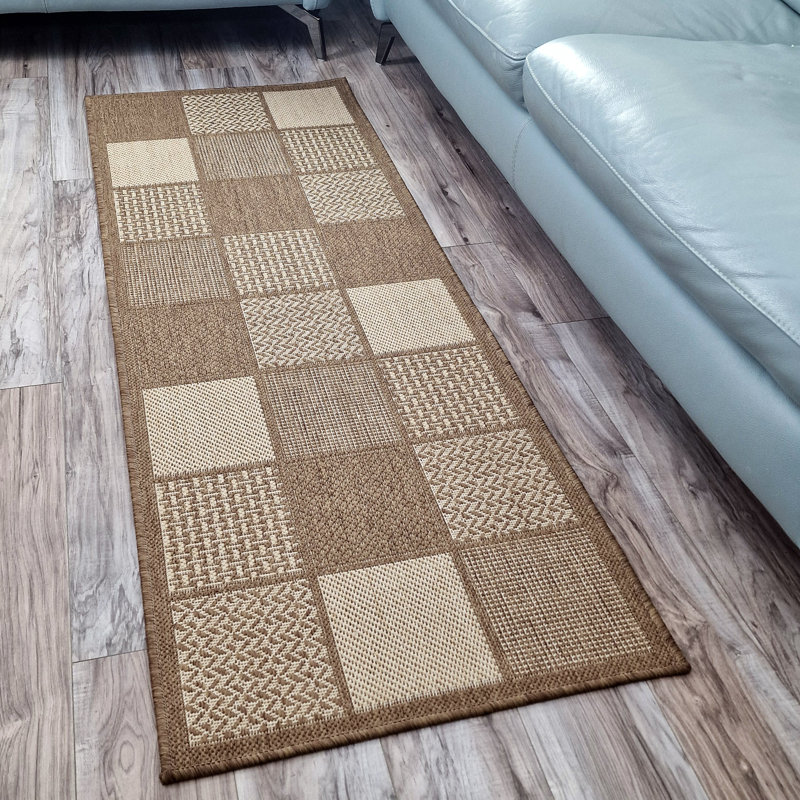 Non Slip Rug Flat Weave Check Kitchen Living Room Carpet, Brown, Rectangle 60 x 230 cm