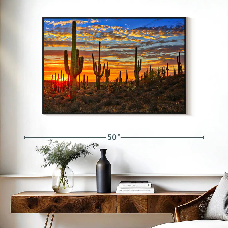 Cactus coucher de soleil, Cadre flottant noir, 40 po x 27 po