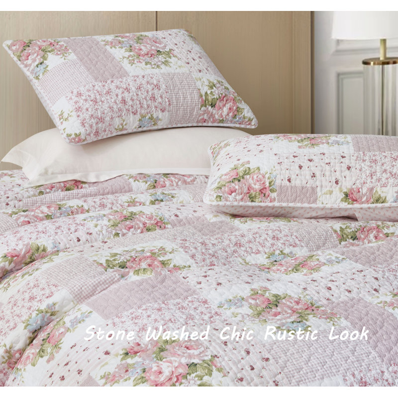 Pink Floral Patchwork Twin Reversible Cotton Quilt Set