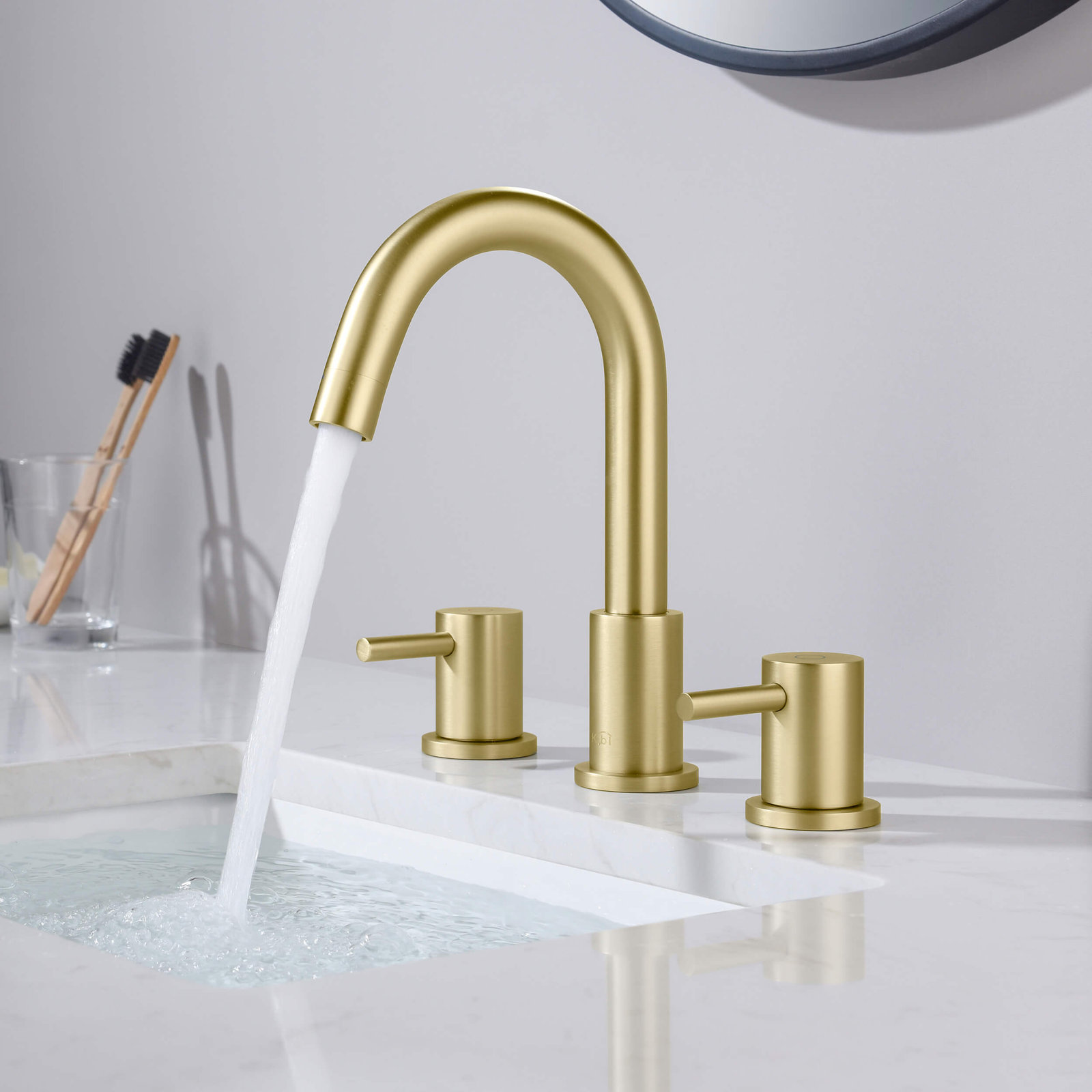 Circular Widespread Bathroom Faucet with Drain, Brushed Gold