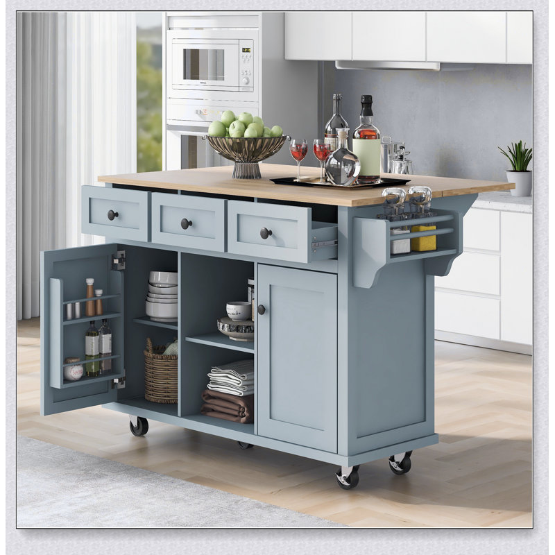 Chariot de cuisine avec comptoir à abattants en bois d'hévéa, supports de rangement internes pour porte d'armoire, Bleu