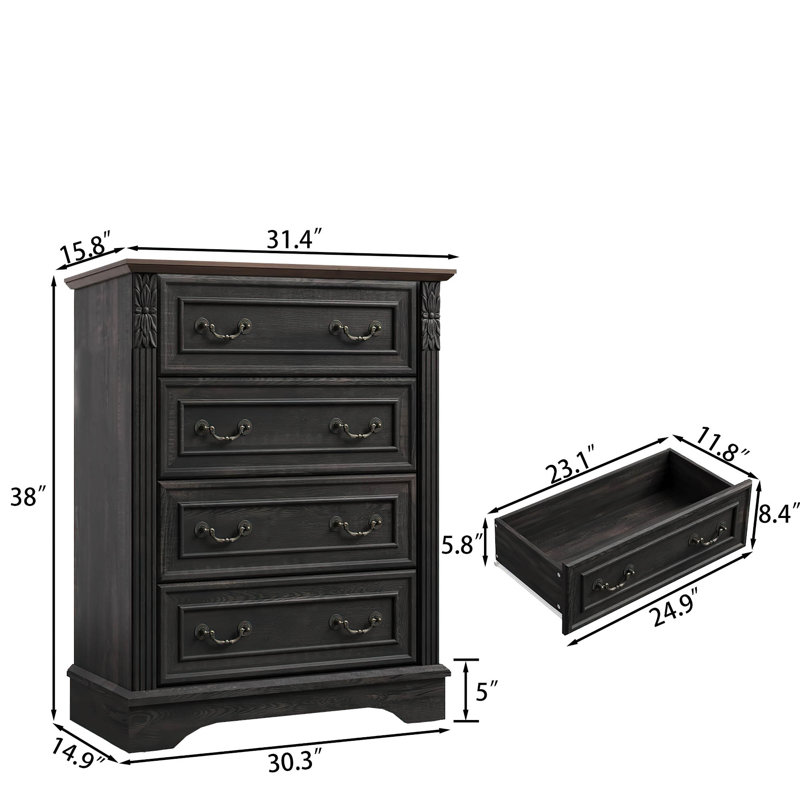 Commode décorative 4 tiroirs avec détails sculptés, Black 
