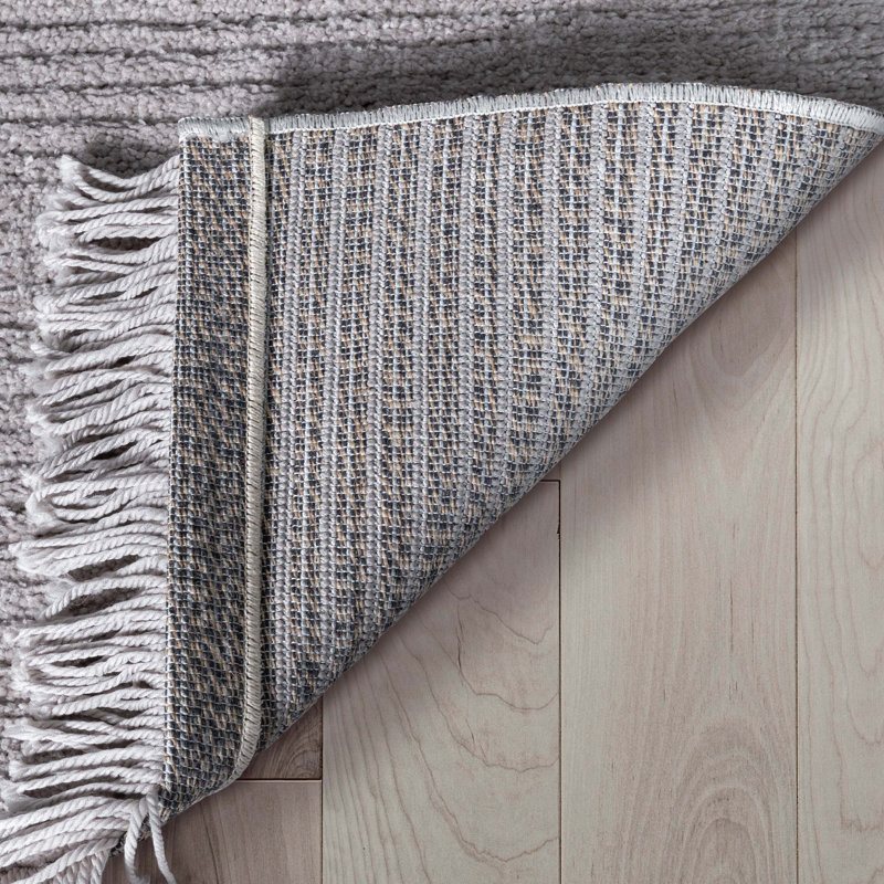 Marina Carlow Solid & Striped Textured Taupe Ivory Ultra Soft High-Low Shag Rug, Rectangle 3'11" x 5'3"
