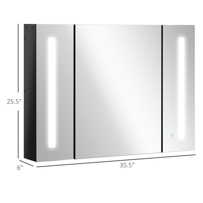 Armoire murale de salle de bain l 35,5 po x H 25,5 po avec miroir à DEL, 3 armoires, charge, tablettes montées en noir H 25,5 po