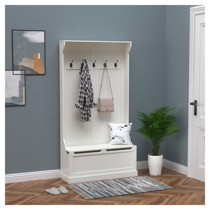 Arbre d'entrée 38 po avec banc de rangement, portemanteau avec crochets et range-chaussures HOMcom, blanc crème 38 po, Blanc