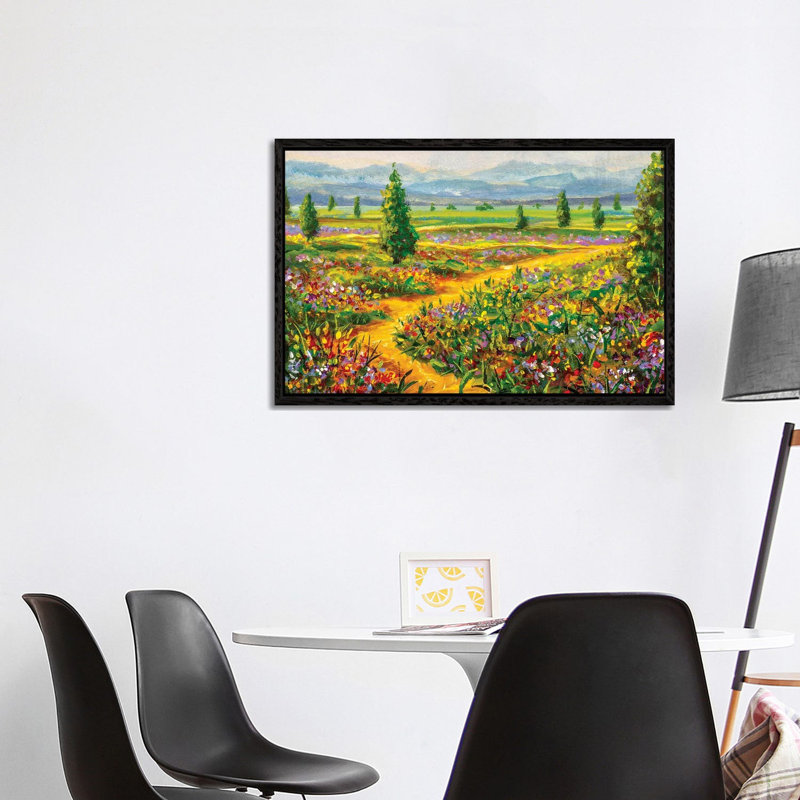 Summer Landscape And Country Road by Valery Rybakow - Painting on Canvas, 101.6 cm H x 66.04 cm W, Black Framed Canvas