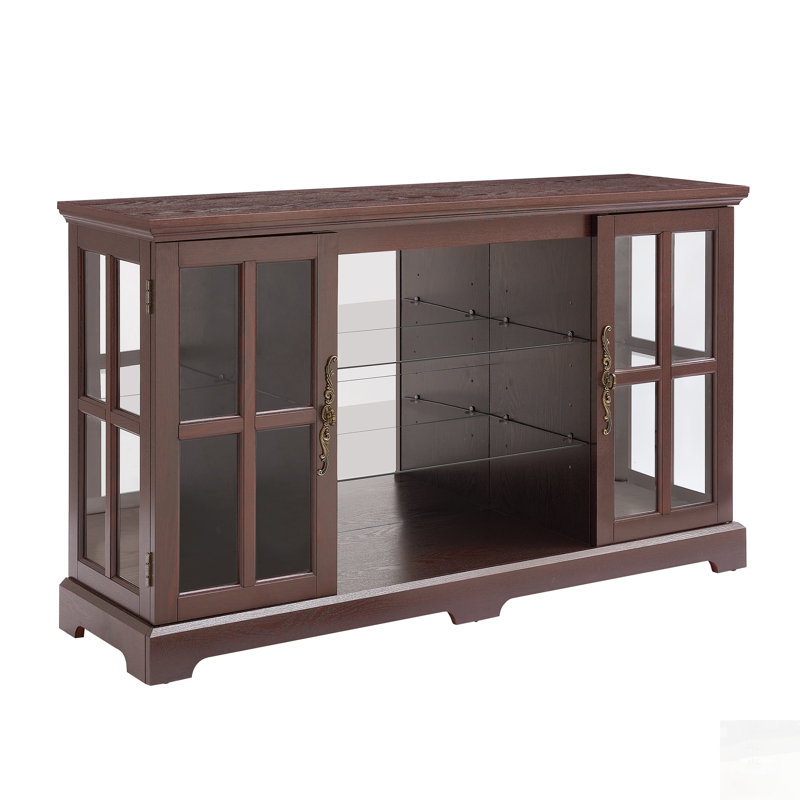 Armoire basse à 2 grilles avec bande lumineuse RVB en couleur et poignées rétro, tablettes réglables à 2 niveaux, rangement en verre multifonctionnel pour diverses pièces