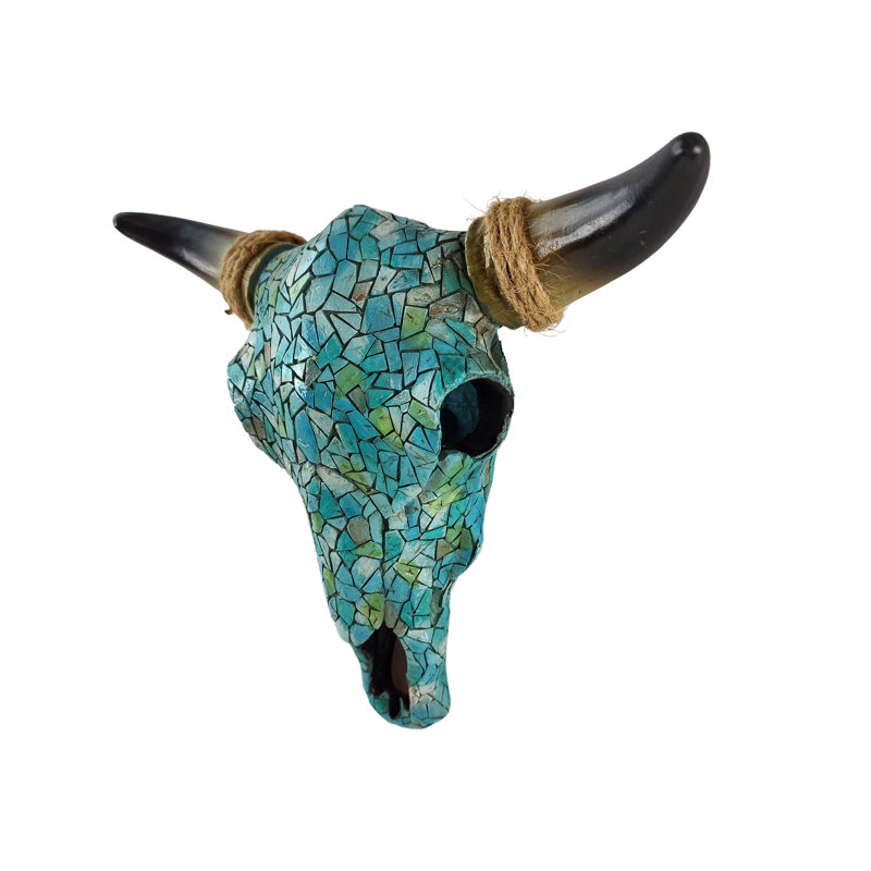 Mosaic Turquoise Tile Western Cow Bull Skull with Black Horn & Hemp Rope Accent Hanging Wall Décor