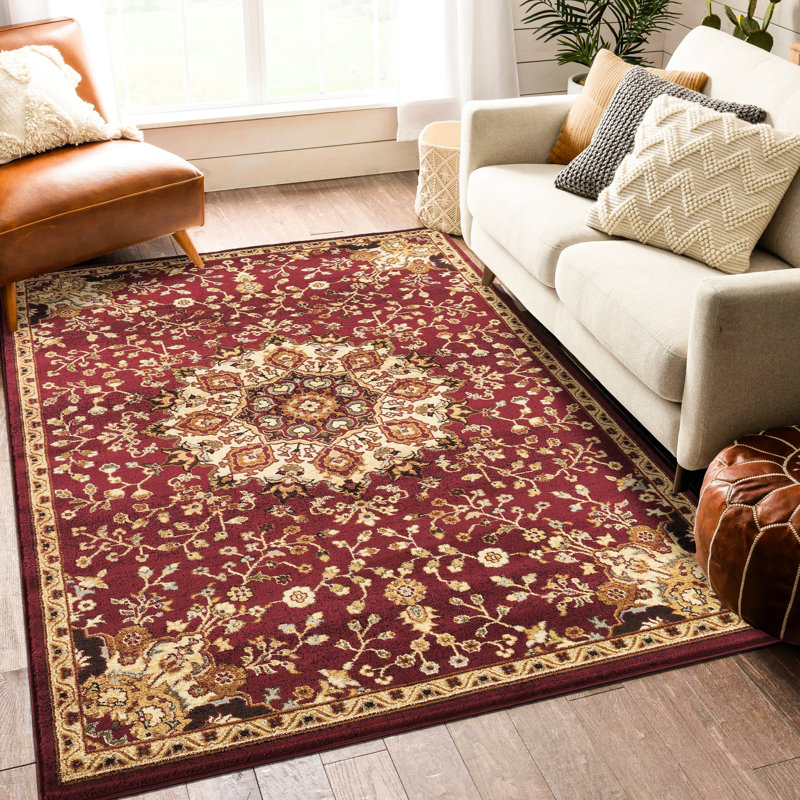 Tapis rouge classique 7 pi 10 po X 3 avec des couleurs et une mode élégantes - Design avant avec médaillon intemporel