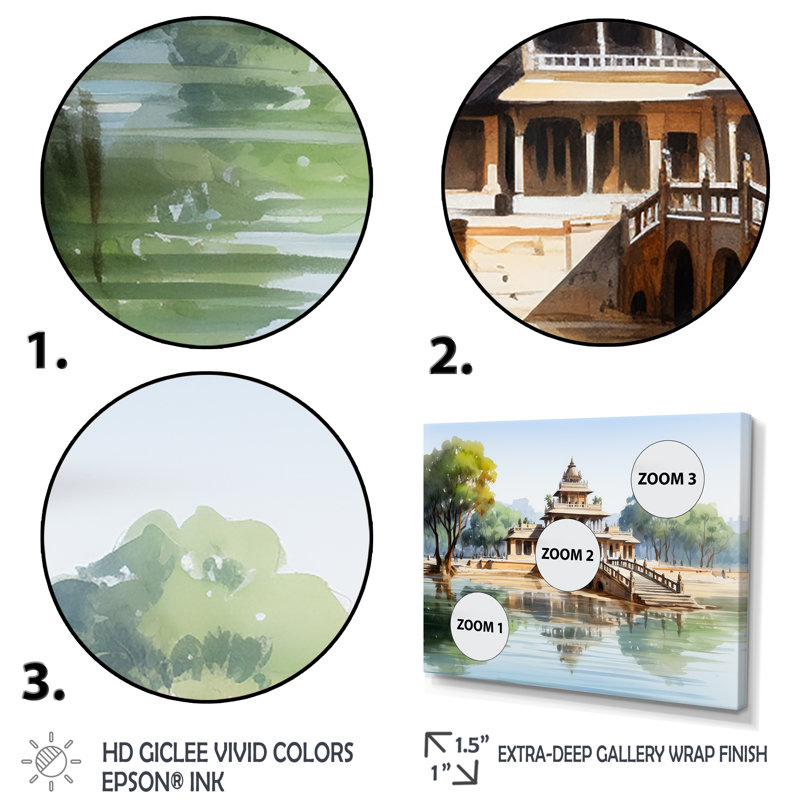 «Vietnam Temple Lotus Pond Serenity - China Art», art mural, Cadre d'angle fermé noir, H 34 po x l 44 po x P 1,5 po