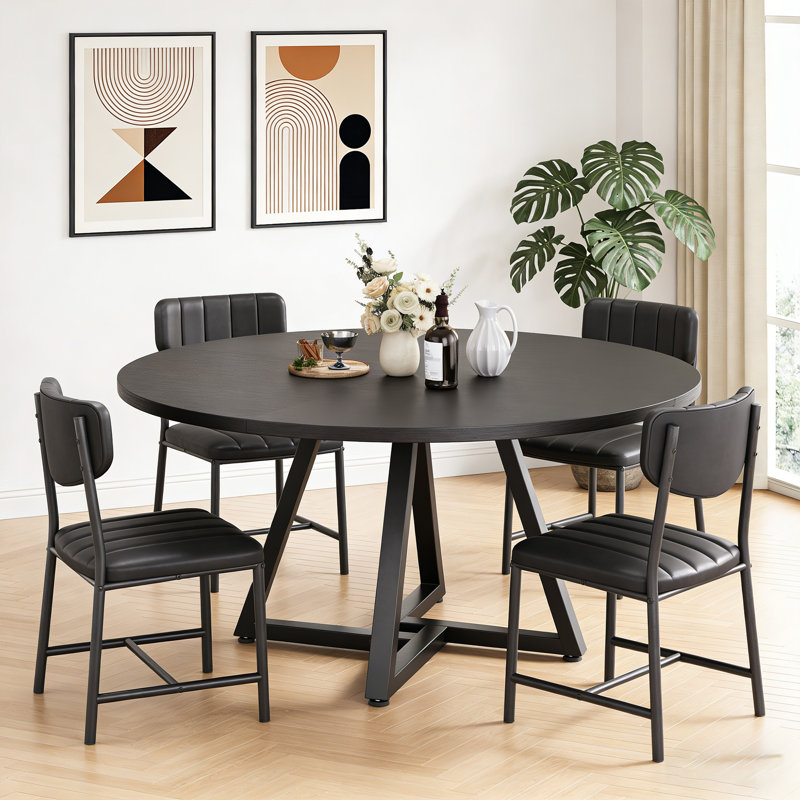 Round Dining Table: Pedestal Frame, Space-Saving Industrial Style, Black, 30"H x 42"L x 42"W