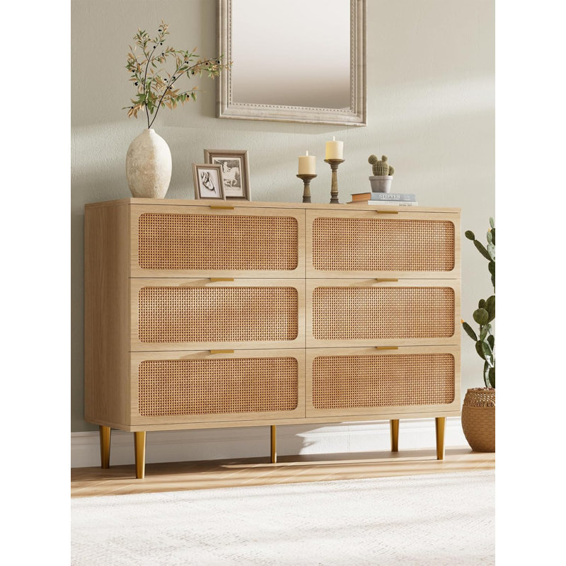 Rattan Dresser with 6 Drawers, Tall Wood Chest of Drawers with Wide Top, Deep Storage Organizer for Bedroom Living Room