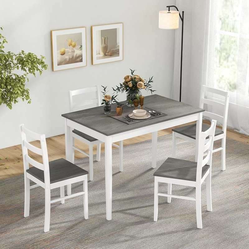 Ensemble de table de salle à manger pour 4 personnes, ensemble de coin-repas en bois massif de ferme avec pieds en bois d'hévéa, ensemble de table à manger en bois compact et chaises pour la cuisine, la salle à manger (gris + blanc)