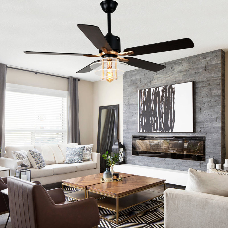 52 Inch Farmhouse Caged 6 Speed Reversible DC Motor Ceiling Fan With Light For Living Room, Black