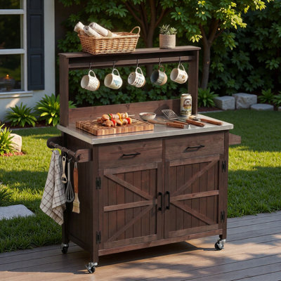 Outdoor Kitchen Island With High Shelf, Stainless Steel Top,storage Cabinets, Storage Cabinet, Spice Racks, Towel Rack And Internal Storage Racks