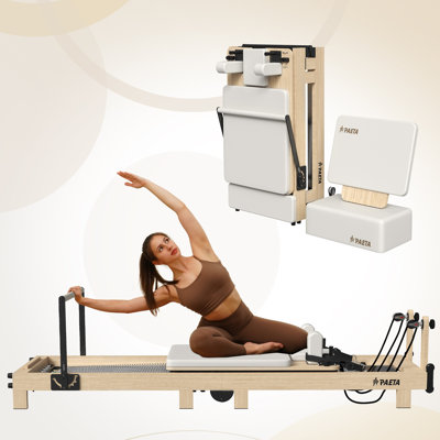 Mikolo 92-Inch Pilates Reformer, Oak Wood Frame, Spring Resistance And Adjustable Footbar For Home Studio