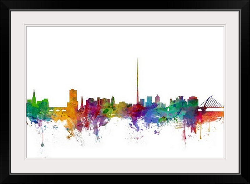 «Francy Dublin, Ireland Skyline» par Michael Tompsett, impression, Cadre blanc, H 32 po x l 44 po x P 1 po