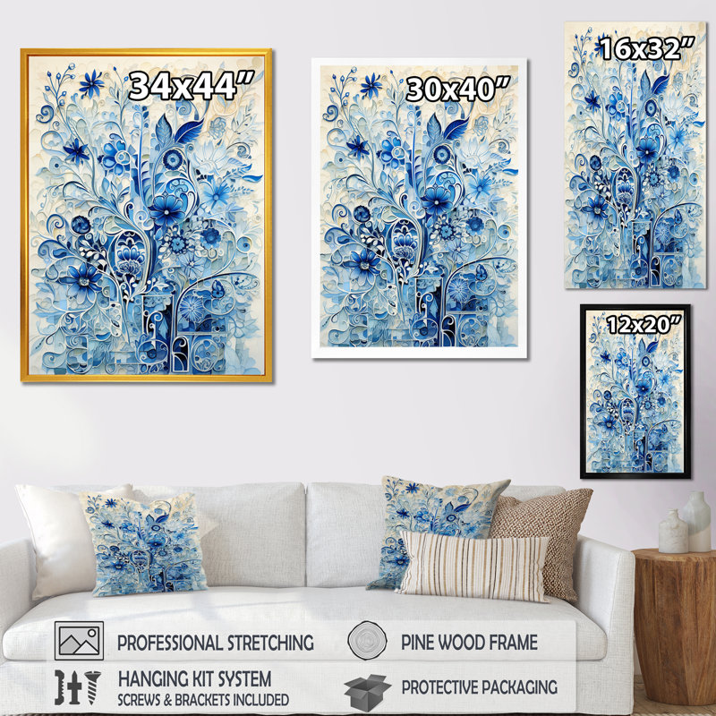 Carreaux botaniques blancs et bleus III - art mural botanique, Cadre flottant blanc, 32" H x 16" W