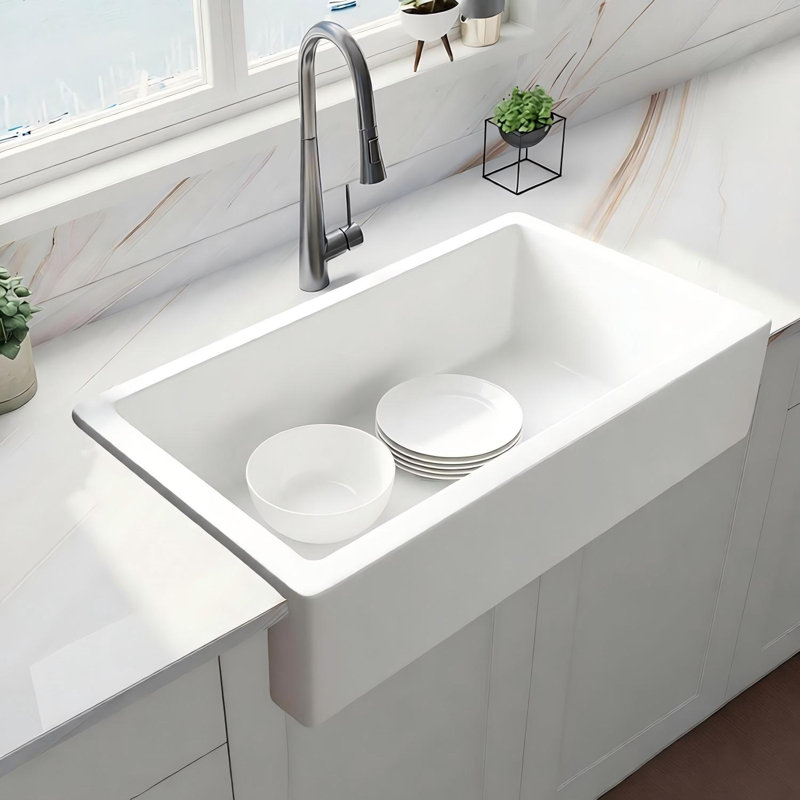 Évier de cuisine en argile réfractaire l 30 po x P 19 po, cuve simple à tablier blanc, L 30 po x P 6,7 po