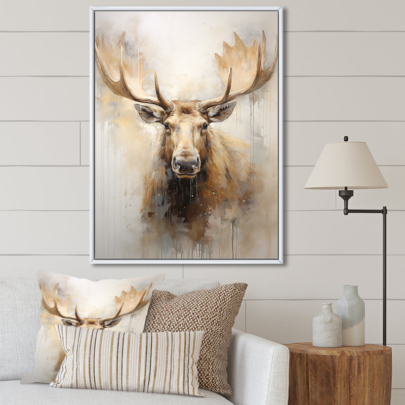 Portrait d'un orignal beige et doré - impressions sur toile, Cadre flottant blanc, H 44 po x l 34 po x P 1,5 po