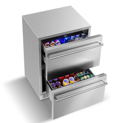 24" Outdoor Beverage Refrigerator with Drawer Design, Built-In or Freestanding Cooler with Wheels, Grid Organizer, and Interior Lighting for Patios and Backyards