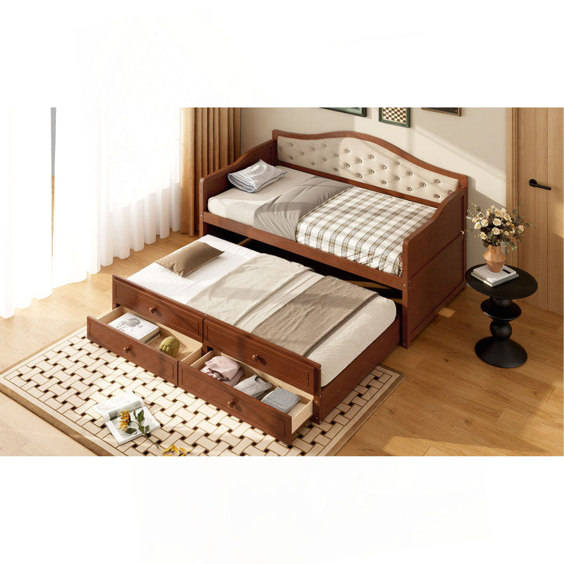 Twin Daybed With Trundle, Twin Size Daybed With 2 Storage Drawers, Wooden Sofa Bed With Upholstered Button Tufted Backrest For Living Room, Bedroom, Guest Room