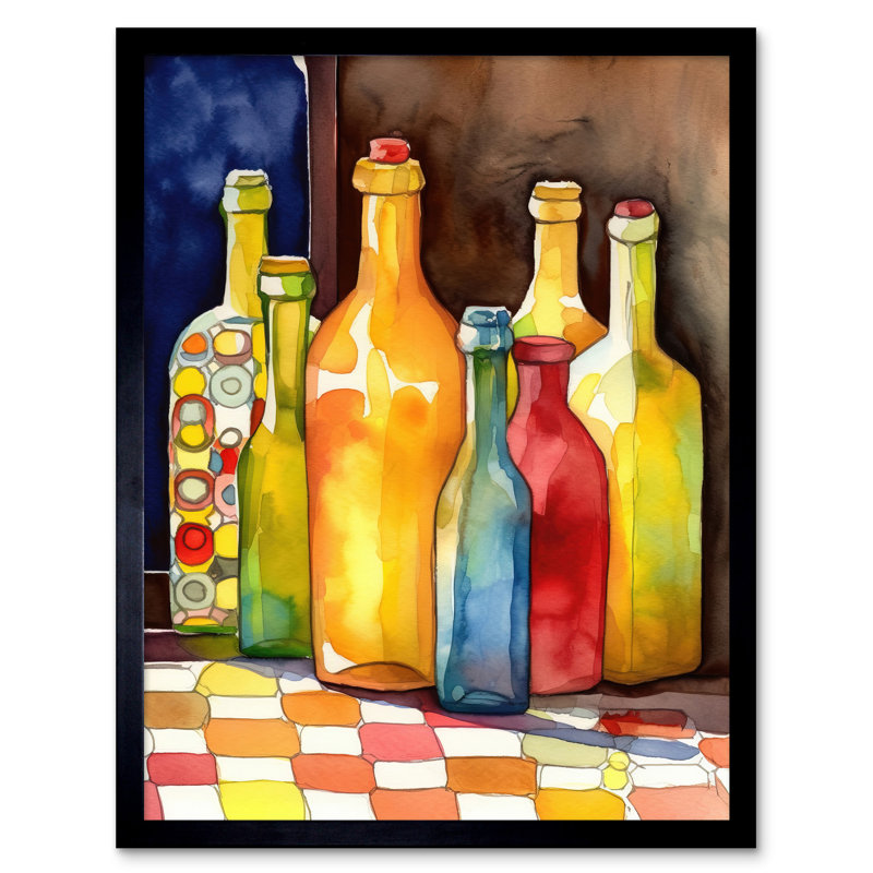 Coloured Bottles On Checked Tablecloth Still Life Watercolour Painting Art Print Framed Poster Wall Decor 12x16 inch
