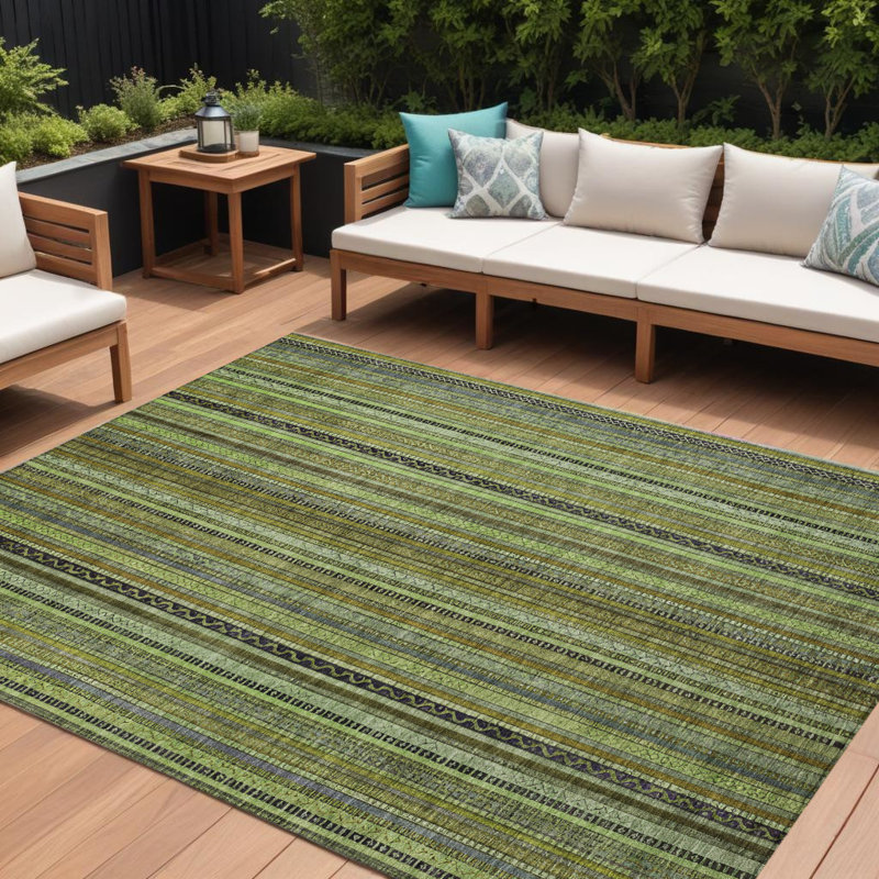 Tapis intérieur lavable rayé vert doré et gris 8 pi x 10 pi