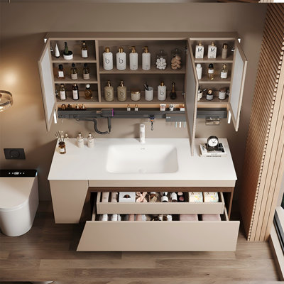 55.12"Beige Solid Wood Rubberwood Wall-Mounted Bathroom Washbasin Vanity With a Mirror Cabinet